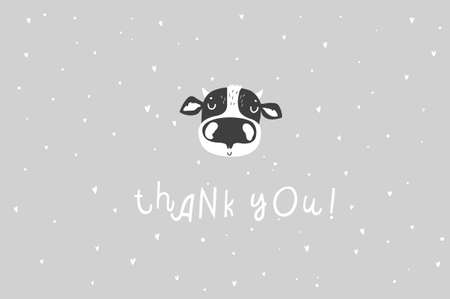 Cute hand drawn cow illustration could use as card, tag, poster, label template design. Thank you cardのイラスト素材