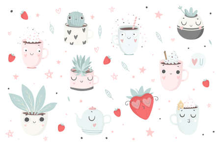 Cute plants, cups and strawberry isolated illustration for children. Vector image. Perfect for nursery posters, patterns, party invitation, cards, tags etcのイラスト素材