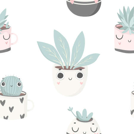 Cute baby plants seamless pattern, nursery isolated illustration children clothing. Hand drawn boho image with cactus, succulent, house plant perfect for phone cases design, nursery posters, postcardsのイラスト素材