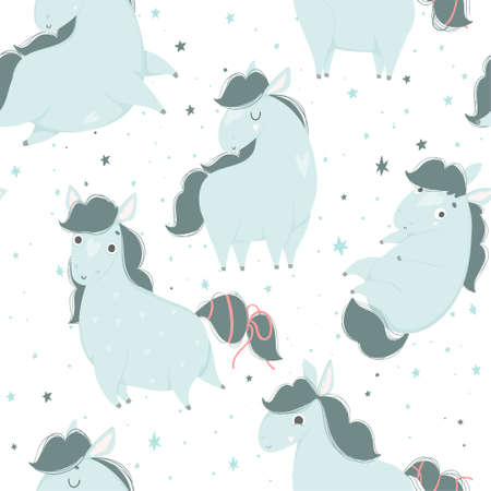 Cute little horses hand drawn illustration seamless pattern. Wrapping paper, fabric, wallpaper, background design. Valentines day, baby shower, cute hello baby room decor elements.のイラスト素材
