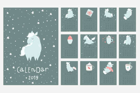 Calendar 2019. Fun and cute calendar with hand drawn cute blue horses, cakes and other cute stuff.のイラスト素材