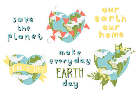 Cute set with illustrations of earth and earth day lettering on white background. Perfect for greeting cards, party invitations, posters, stickers, pin, scrapbooking, iconsのイラスト素材
