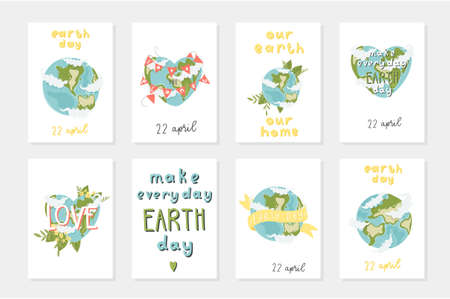 Set of 8 cute ready-to-use gift romantic postcards with the earth, ribons, lettering, flowers. Happy Earth day poster. Vector illustration.のイラスト素材