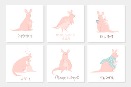 Set of 6 cute ready-to-use gift postcard with adorable mother kangaroo and her child. Happy Mothers' Day greeting cards lettering collection.のイラスト素材