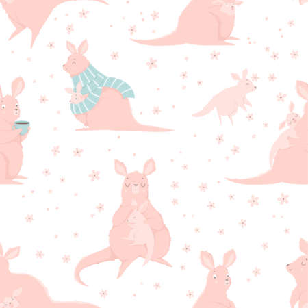 Seamless pattern with cute mother kangaroo and her child. Animal character, hand drawn.のイラスト素材