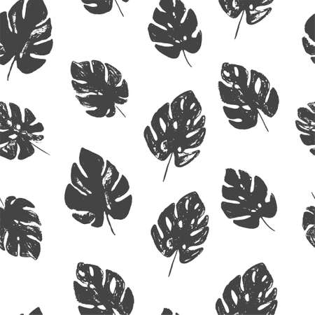 Abstract simple floral monstera seamless pattern with trendy hand drawn textures in black and white colors. Modern abstract design for paper, cover, fabric, interior decor and other usersのイラスト素材