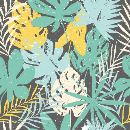 Abstract summer bright floral seamless pattern with trendy hand drawn textures. Textured leaf. Modern abstract design for paper, cover, fabric, interior decor. Tropical leaves. Vector illustrationのイラスト素材