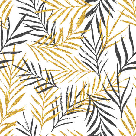 Abstract floral seamless pattern with palm leaves, trendy gold glitter texture. Stylish background, textile or wrapping paper design. Vector illustrationのイラスト素材