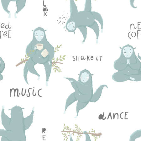 Funny blue monkey, hand drawn illustrations. Seamless pattern perfect for  wrapping paper, fabric, wallpaper background  design. Cute monkey design for baby clothes, textile, kid room decor, printのイラスト素材