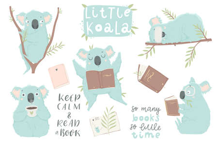 Cute hand drawn blue koala illustration set. Books, coffee, lettering, koala bear art collection. Cute design for baby clothes, textile, kid room decor, printsのイラスト素材