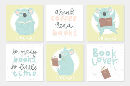 6 postcard template with illustrations and lettering. Cute blue koala hand drawn illustration could use as card, tag, poster, label template design. Baby shower room decor element or invitationのイラスト素材