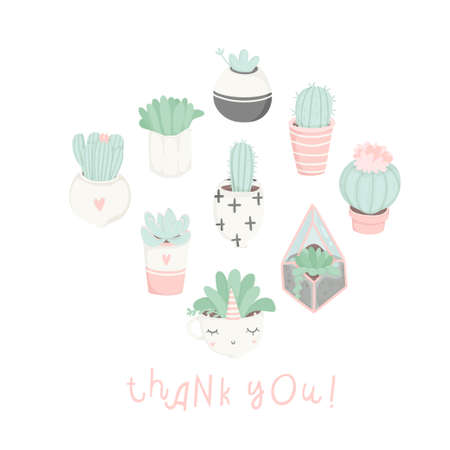 Cute cartoon ready-to-use gift postcards with succulents and cactuses. Vector printable template design of Thank you card, invitation, poster in pastel colors with pretty trendy cacti houseplantsのイラスト素材