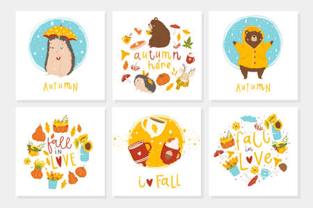 Set of 6 cute ready-to-use gift cute postcards with animals, leaves, hearts, cups and magic. Vector printable collection of Autumn card, invitation, poster in bright colors template designのイラスト素材