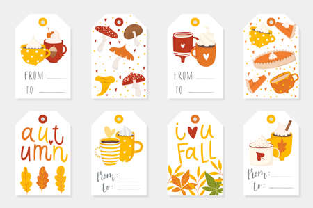 Autumn set of sale and gift tags, labels with cute illustrations, fun elements, hand drawn lettering. Fall collection with cozy elements, cups, pumpkins, leaves, animals and much more.のイラスト素材