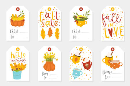 Autumn set of sale and gift tags, labels with cute illustrations, fun elements, hand drawn lettering. Fall collection with cozy elements, cups, pumpkins, leaves, animals and much more.のイラスト素材