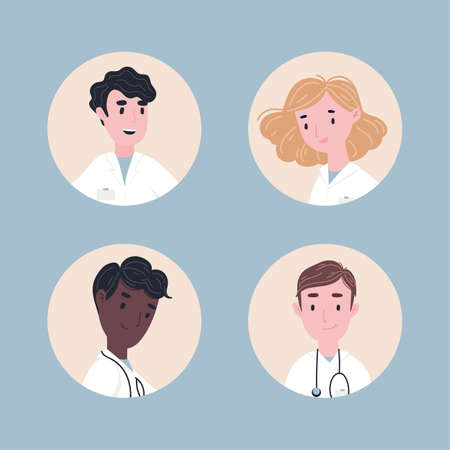 Health care workers team concept. Man and woman doctors characters standing, full body. Doctors in masks. Flat cartoon style vector illustration for card, online site, banner ad and moreのイラスト素材