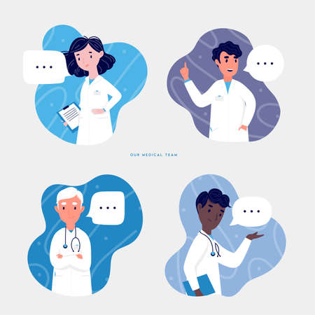 Health care workers team concept. Man and woman doctors characters standing, full body. Doctors in masks. Flat cartoon style vector illustration for card, online site, banner ad and moreのイラスト素材