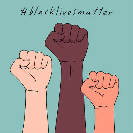 Black lives matter hand drawn poster, card collection. Hashtag blm stylized set. Black and white hands together concept. Campaign against racial discrimination of dark skin color. Vector illustration.のイラスト素材