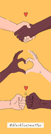 Black lives matter hand drawn poster, card collection. Hashtag blm stylized set. Black and white hands together concept. Campaign against racial discrimination of dark skin color. Vector illustration.のイラスト素材