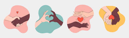 Black lives matter hand drawn poster, card collection. Hashtag blm stylized set. Black and white hands together concept. Campaign against racial discrimination of dark skin color. Vector illustration.のイラスト素材