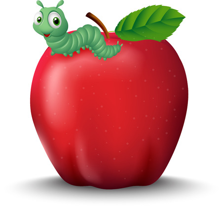 Cute cartoon caterpillar on red appleのイラスト素材