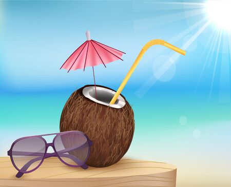 summer beach, glasses with young coconutのイラスト素材