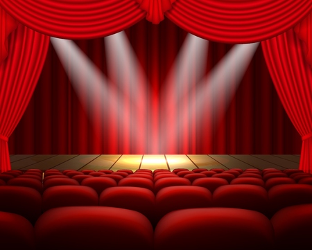 Illustration theater stage with a red curtain and a spotlightのイラスト素材