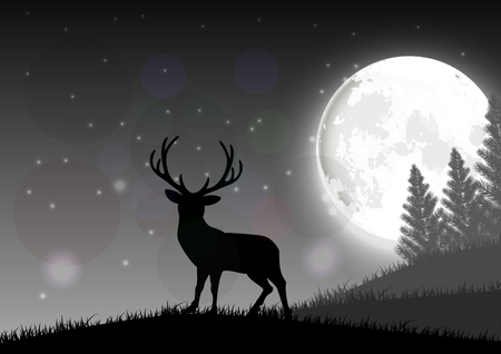 Silhouette of a deer standing on a hill at night with moonのイラスト素材