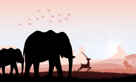 Elephant family with deer and birds. Vectorのイラスト素材