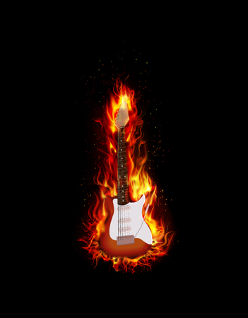 Fire burning guitar black backgroundの写真素材