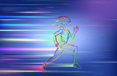 Woman running, using colorful zigzag line on blue backgroundの写真素材