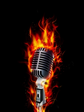 Fire burning microphone on black backgroundの写真素材