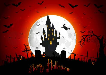 Halloween scary house on full moon backgroundの写真素材