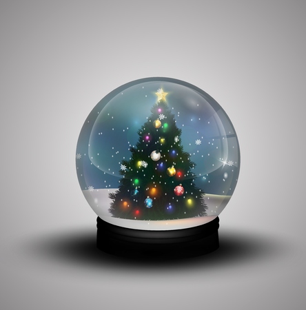 Glass dome winter with realistic Christmas snow globe with christmas treeの写真素材