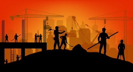 Construction worker silhouette at work backgroundの写真素材