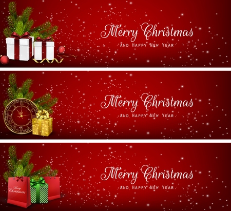 Set of christmas banners with gift boxes,bag and clockのイラスト素材