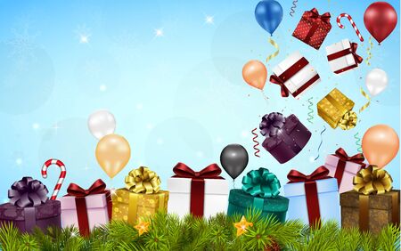 Merry christmas background with gift boxes, balloons, candies, and fir treeのイラスト素材