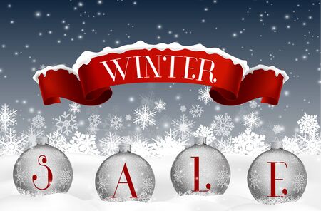Winter sale background with red realistic ribbon banner and ballsのイラスト素材