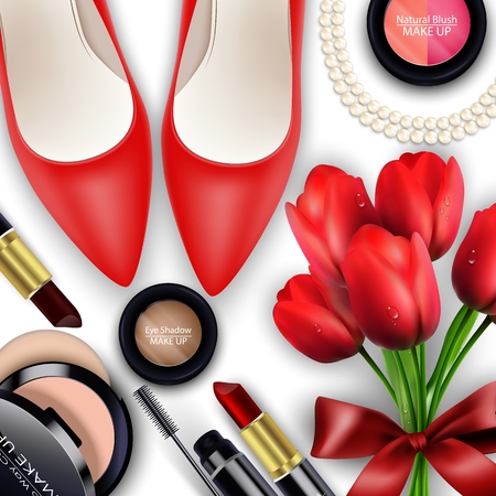 Sets of cosmetics background with red tullipsのイラスト素材