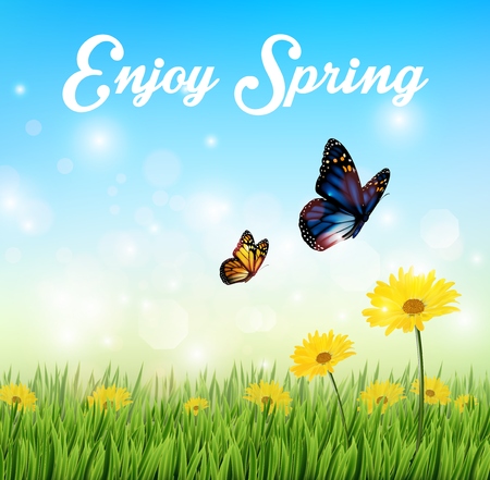 Nature Background with butterflies and Flowers in the grassのイラスト素材