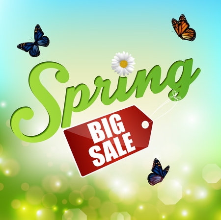 Spring background with sticker and butterfliesのイラスト素材