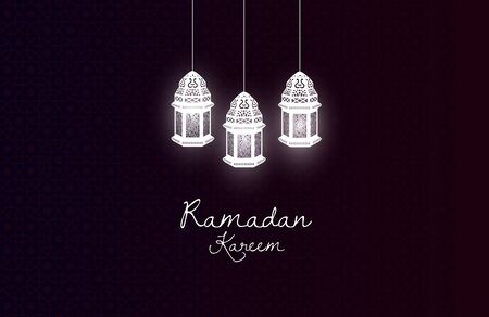 Ramadan Kareem greeting card design with lanterns lamp on dark black backgroundの写真素材