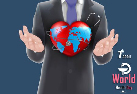 Businessman holding the world in hand concept with world health dayの写真素材