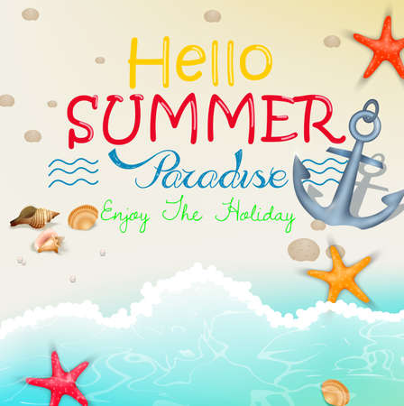 Starfish with anchor and shells on the beachの写真素材