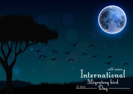 Vector illustration of Birds migratory day with tree and grass under moon on night backgroundのイラスト素材