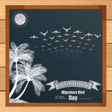 Vector illustration of Migratory bird mechanism with palm tree and flying birds written by chalk on blackboardのイラスト素材