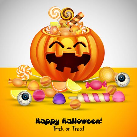 Vector illustration of Halloween background with pumpkins basket and candiesのイラスト素材