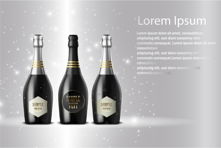 Vector illustration of Three champagne wine bottles on sparkling backgroundのイラスト素材