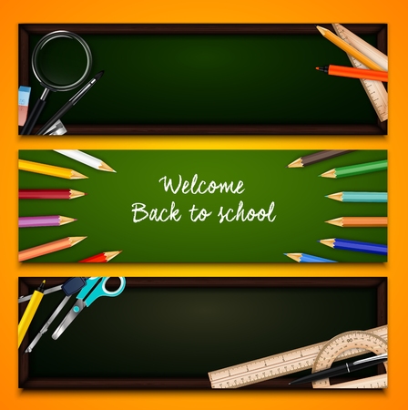Vector illustration of Colorful crayons and school supplies on chalkboardのイラスト素材