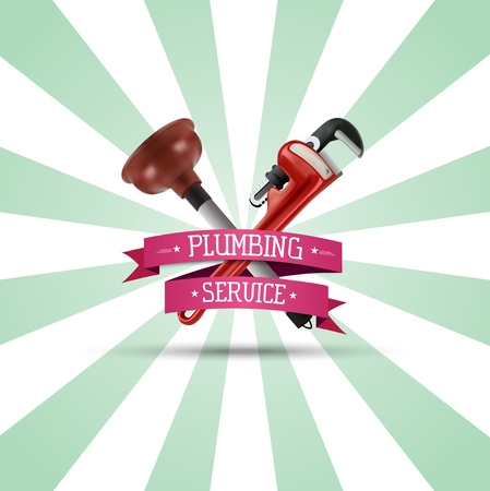 Vector illustration of  Pipe wrench and plunger on sunburst backgroundのイラスト素材
